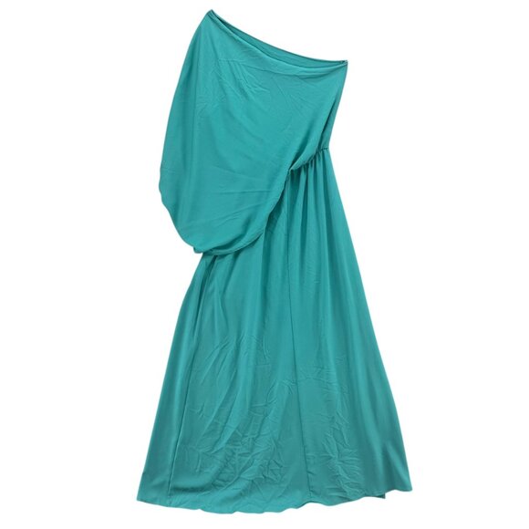 Tyche Grecian Goddess Maxi Dress Teal Draped One Shoulder Formal Gown Size L - Picture 11 of 12